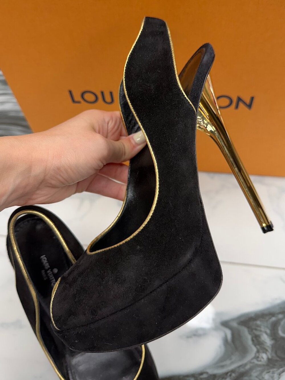 Louis Vuitton Black Suede Platform Heels Gold Heel Peep Toe Pumps Size 37 - Picture 3 of 16